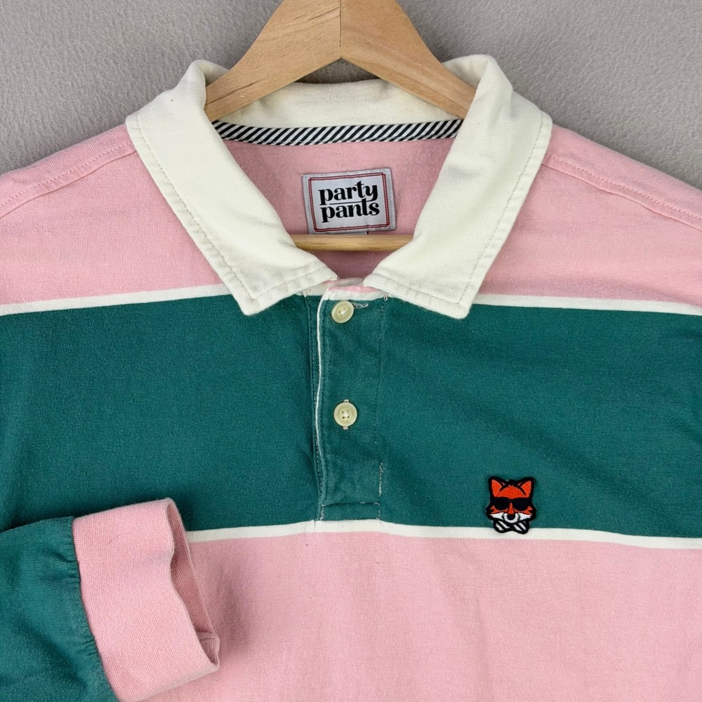 Party Pants Rugby Shirt Mens Medium Pink Green Striped Long Sleeve Fox Logo Y2K
